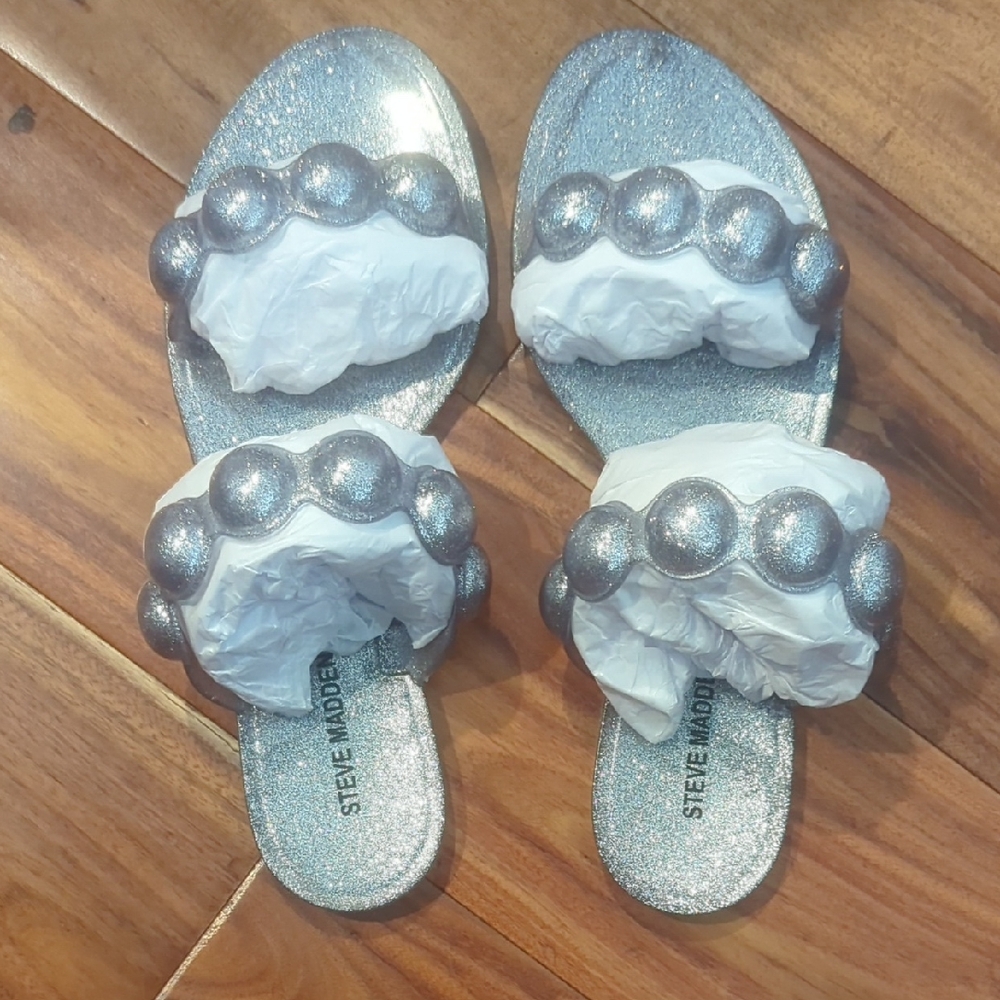 Steve Madden Silver Glitter Beaded Slide Sandals